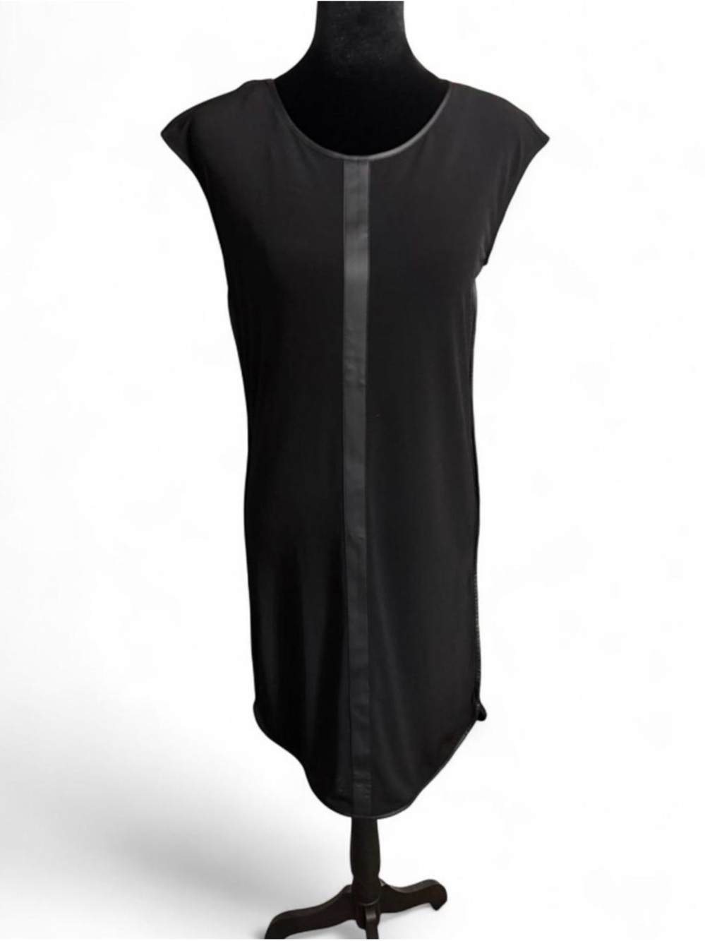 Calvin Klein Black Shift Dress Faux Leather Trim Cap Sleeve Size 2 - Picture 2 of 9